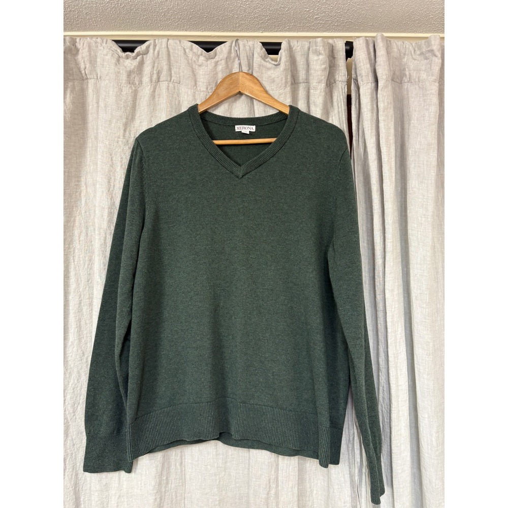 Merona V-Neck Sweater Mens Large Green Excellent Cotton Wool Blend Pullover